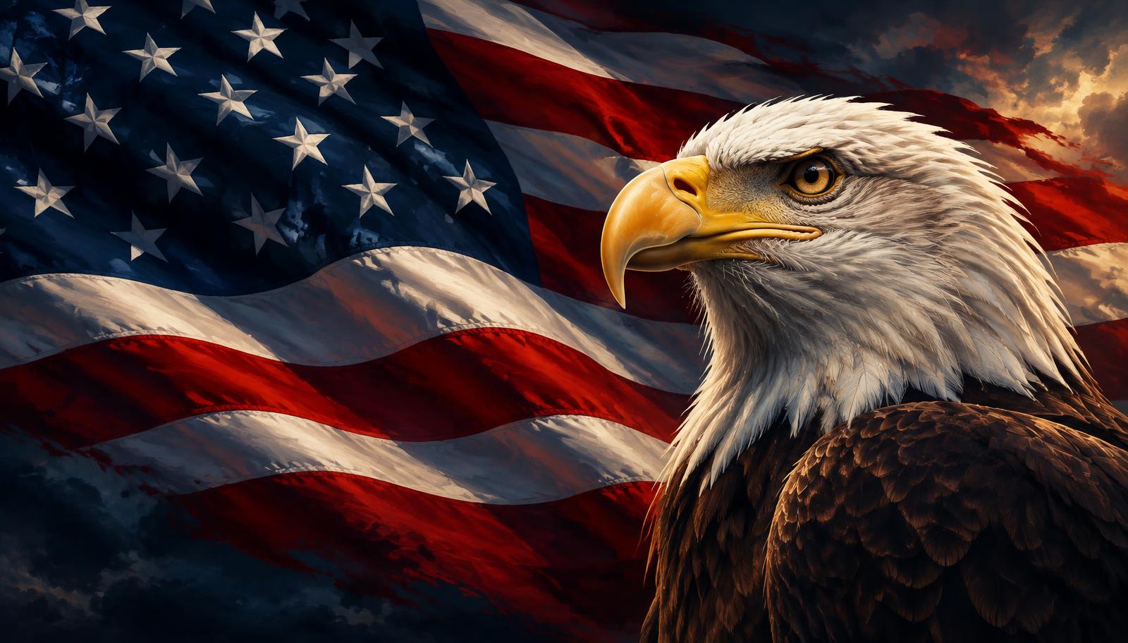 Bald eagle before an American flag